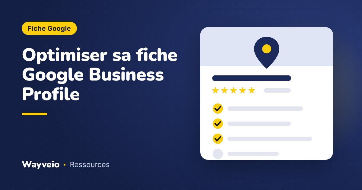 Illustration d'une fiche d'établissement avec un repère de carte, cinq étoiles et une liste de champs cochés.